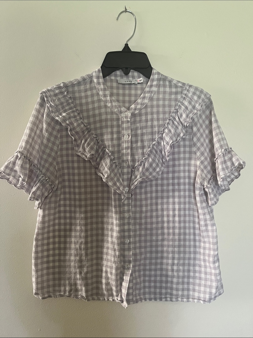 Lavender Gingham Ruffle Button-Front Top